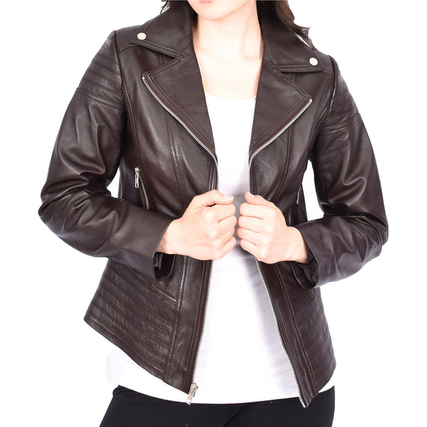 Womens Real Leather Biker Jackets Casual Fashion Outerwear Sonya Brown-4
