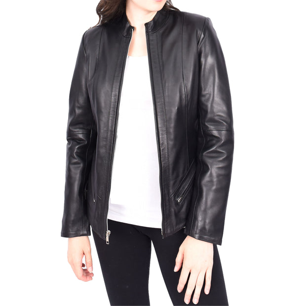 Womens Tailored Fit Band Collar Zip Up Biker Leather Jacket Honey Black-4