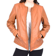 Womens Collarless Tan Leather Jacket Round Neckline Casual Fitted Zip Fasten Fia