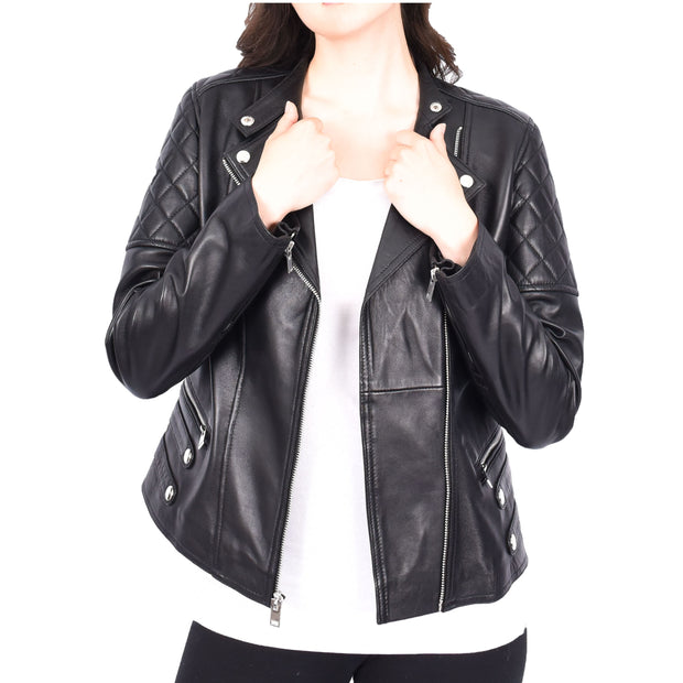 Black Leather Biker Jacket for Women Asymmetrical Zip Diamond Quilted Trendy Style Lila