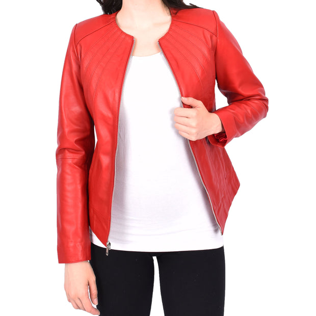 Womens Real Red Leather Jacket Collarless Round Neckline Casual Fitted Zip Fasten Biker Style Melody