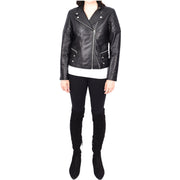 Black Leather Biker Jacket for Women Asymmetrical Zip Diamond Quilted Trendy Style Lila