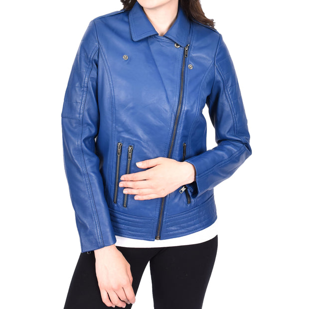 Womens Genuine Soft Blue Leather Biker Style Jackets Fitted Zip Fasten Wendy