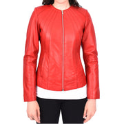 Womens Real Red Leather Jacket Collarless Round Neckline Casual Fitted Zip Fasten Biker Style Melody