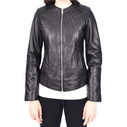 Womens Real Black Leather Jacket Collarless Round Neckline Casual Fitted Zip Fasten Biker Style Melody