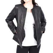 Womens Collarless Black Leather Jacket Round Neckline Casual Fitted Zip Fasten Fia