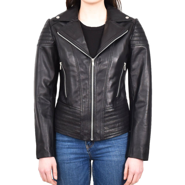 Womens Real Leather Biker Jackets Casual Fashion Outerwear Sonya Black-6