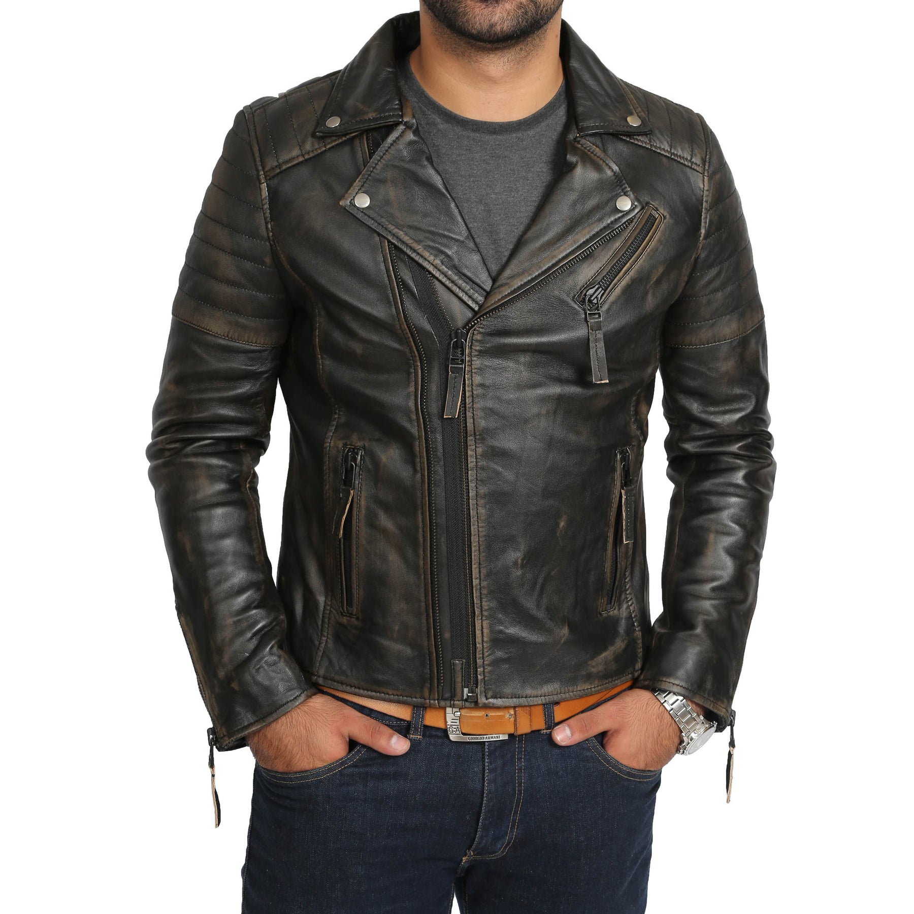 Real Sheep Skin high quality Leather Biker Zip Up Jacket - Polyester lining Inside - Size XS