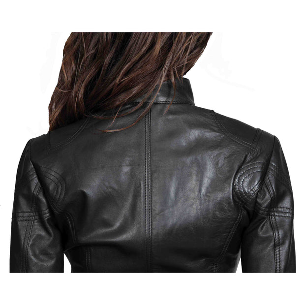 Womens Fitted Leather Biker Jacket Casual Zip Up Coat Jenny Black Back Feature