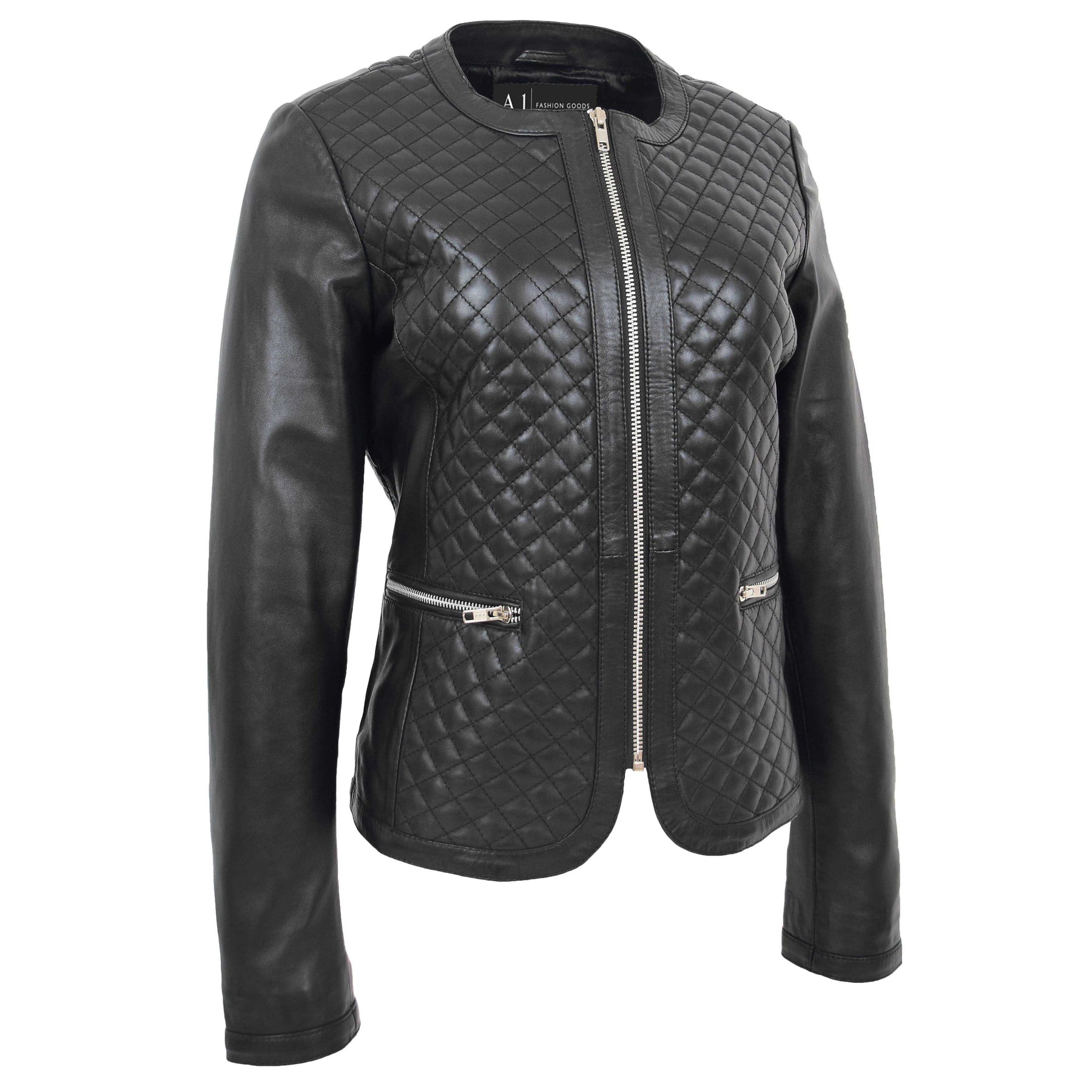 Women Collarless Black Leather Quilted Jacket A1 Fashion Goods