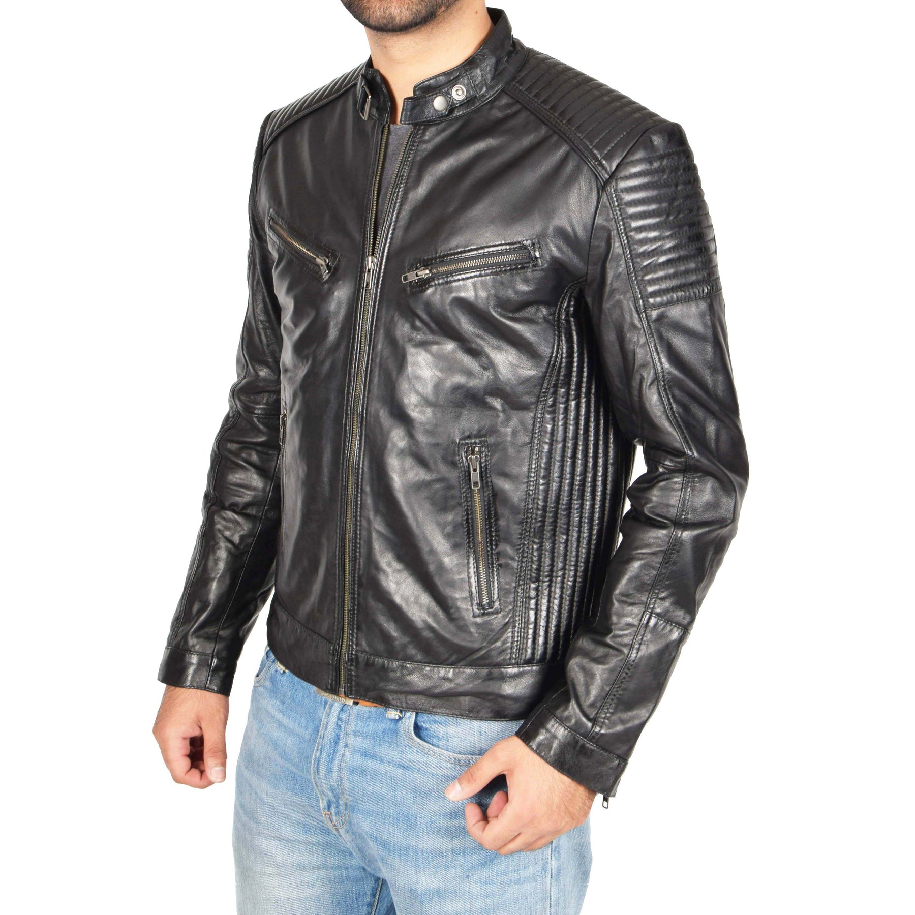 Mens cafe 2024 racer leather jacket