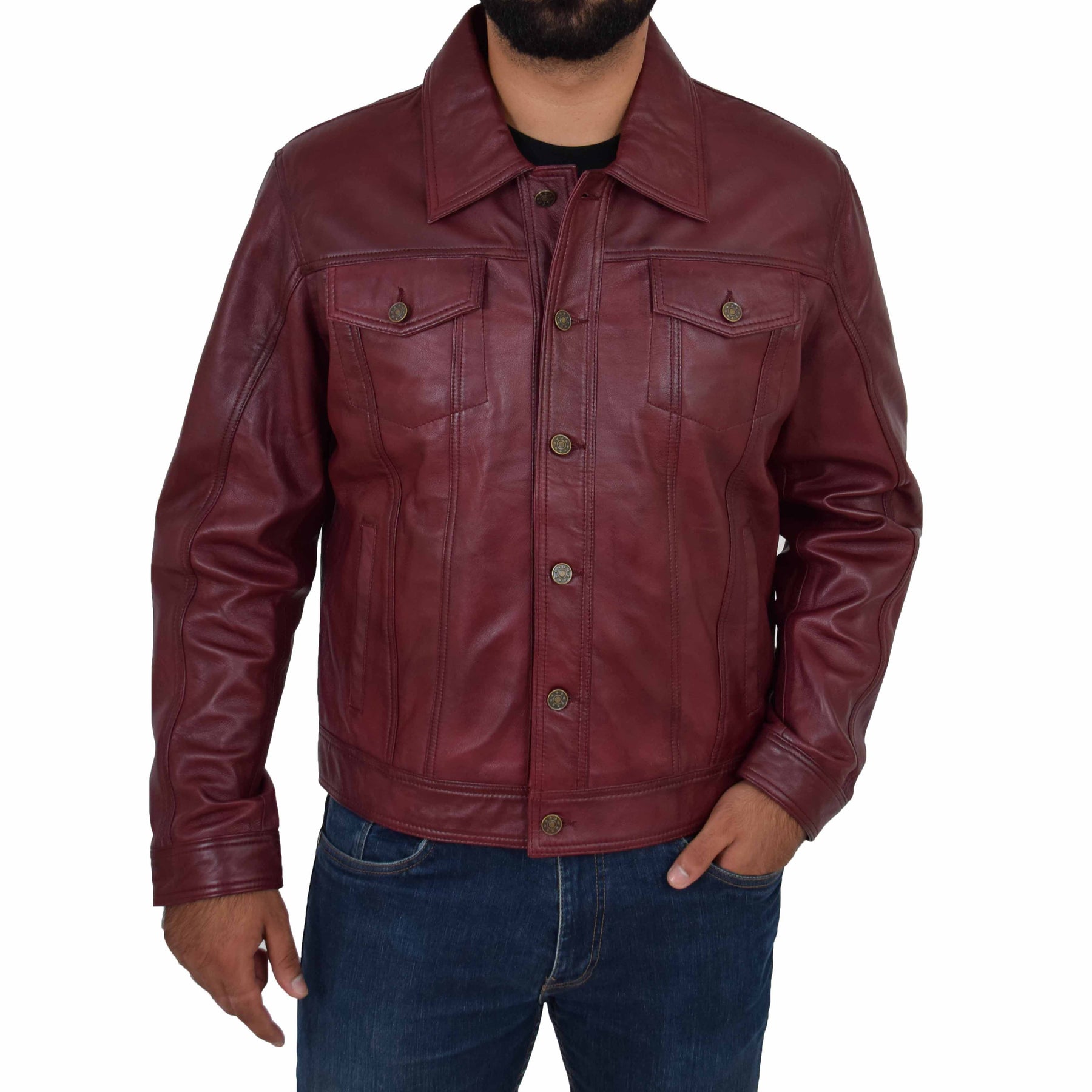 Mens Trucker Soft Leather Jacket Denim Style Coat A1 Fashion Goods